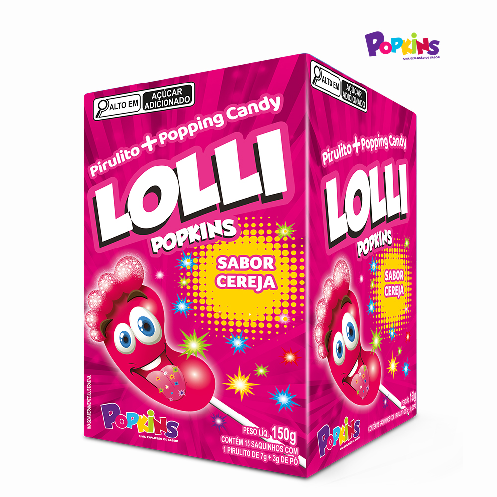 PIRULITO POPKINS LOLLI FORMATO DE PÉ COM PÓ EFERVESCENTE SABOR CEREJA - DISPLAY C/15 UNIDADES