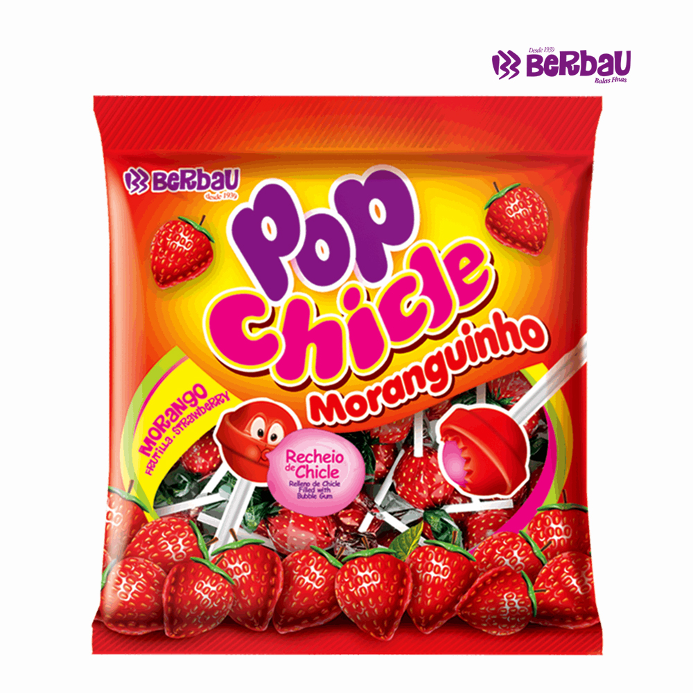 PIRULITO BERBAU POP CHICLETE MORAGUINHO C/RECHEIO MORANGO 500 GRAMAS