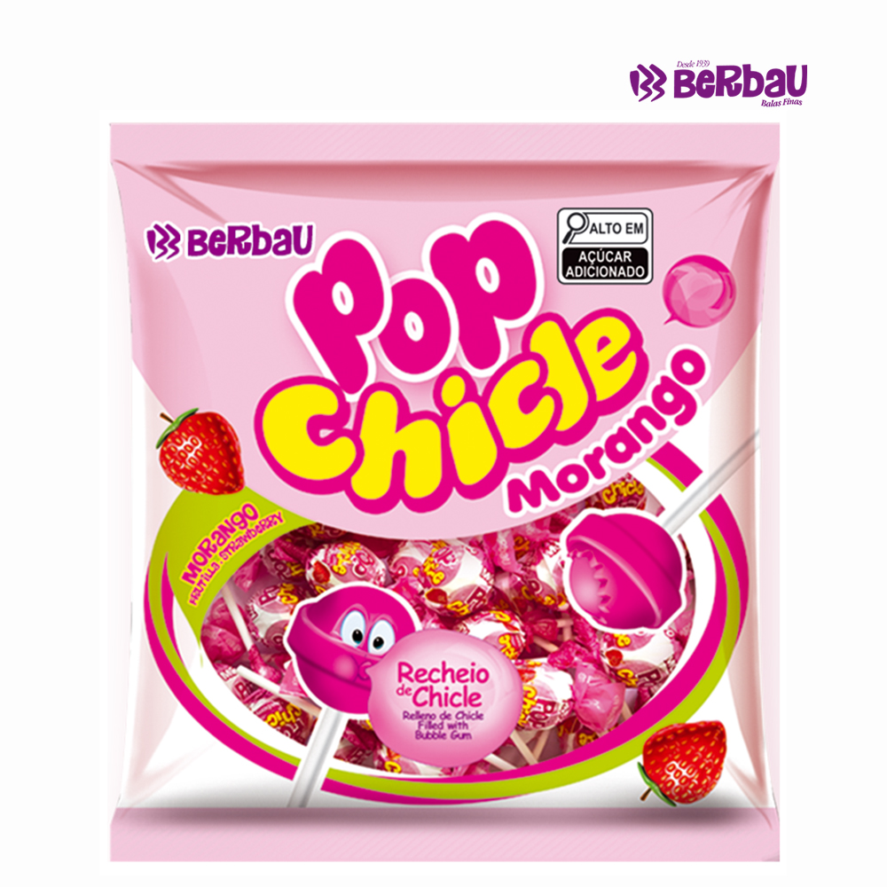 PIRULITO BERBAU POP CHICLETE MORANGO C/RECHEIO TUTTI-FRUTTI 500 GRAMAS