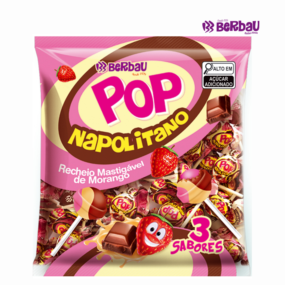 PIRULITO BERBAU POP RECHEIO MASTIGAVEL NAPOLITANO C/RECHEIO MORANGO 500 GRAMAS