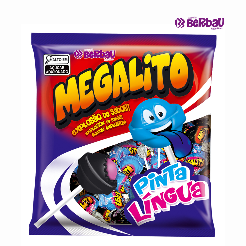 PIRULITO BERBAU MEGALITO RECHEIO MASTIGAVEL PINTA LINGUA SORTIDO AZUL/PRETO TUTTI-FRUTTI  1KG