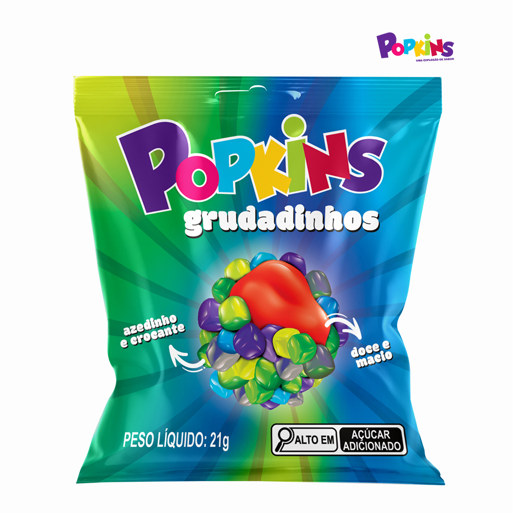 GRUDADINHOS POPKINS MASTIGAVEL FRUTAS AZUIS COBERTA COM BALAS TRITURADAS 21G C/24 UNIDADES