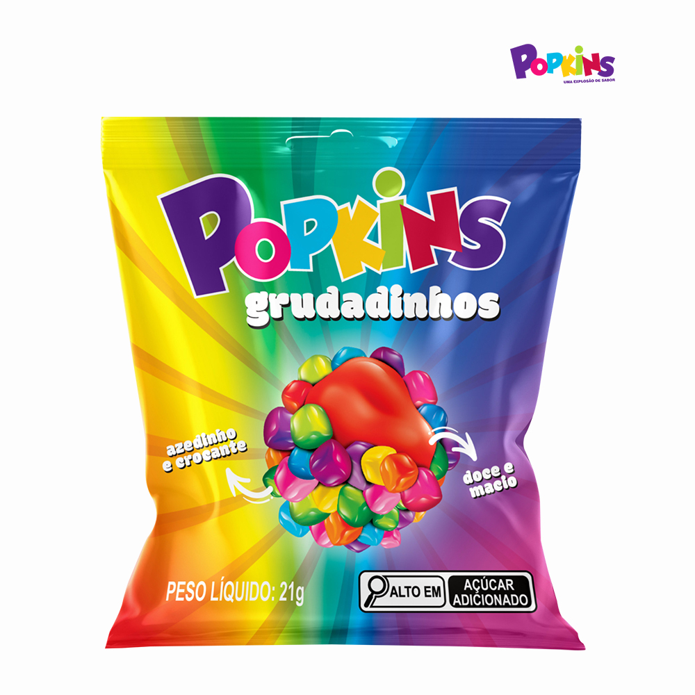 GRUDADINHOS POPKINS MASTIGAVEL TUTTI-FRUTTI COBERTA COM BALAS TRITURADAS 21G C/24 UNIDADES