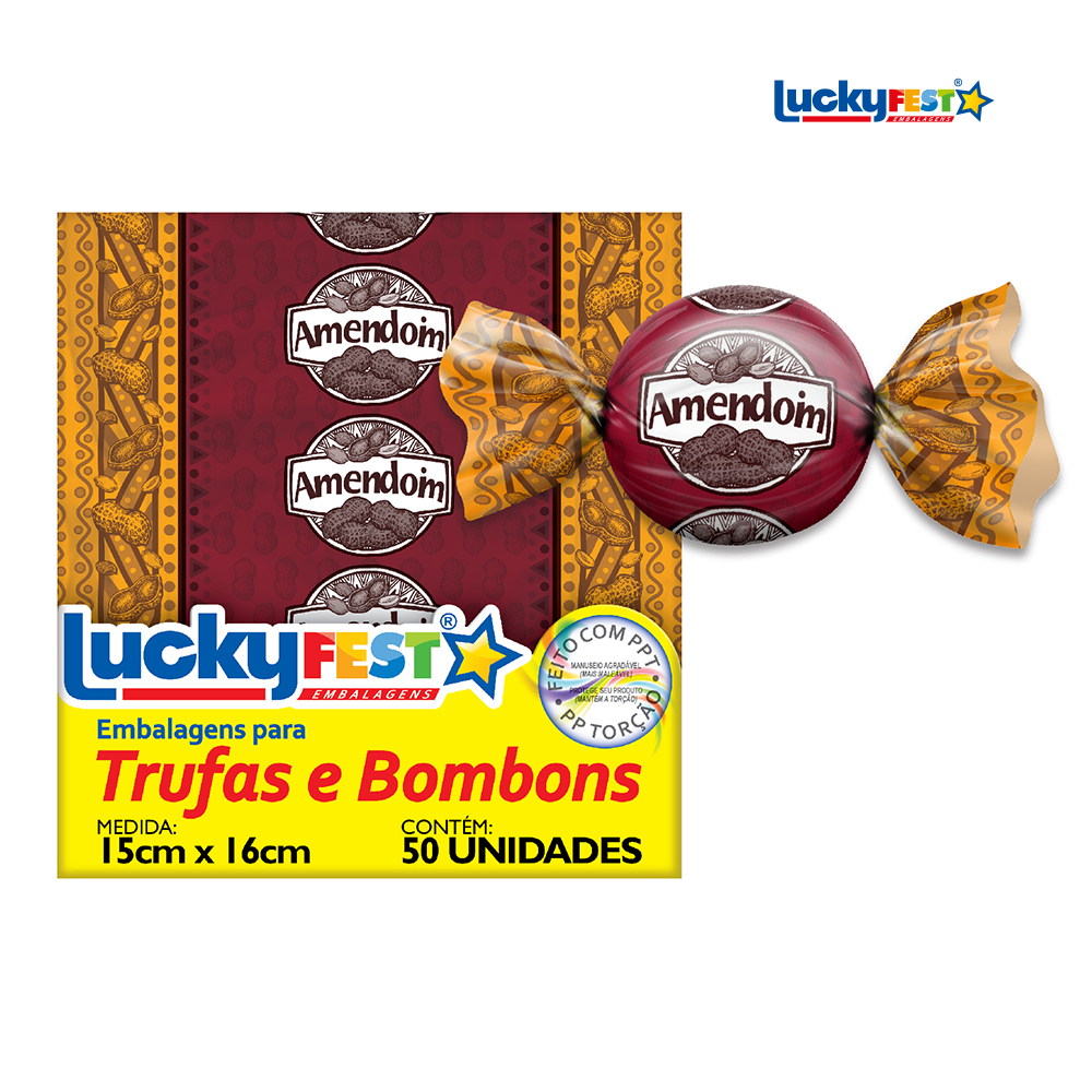 EMBALAGEM P/TRUFA LUCKYFEST SABOR AMENDOIN - PACOTE C/50 UNIDADES