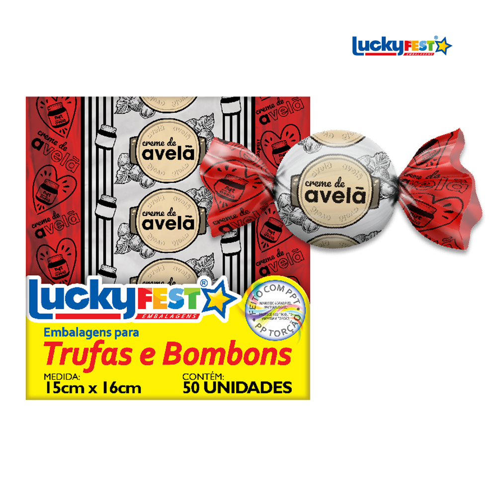 EMBALAGEM P/TRUFA LUCKYFEST SABOR CREME DE AVELÃ - PACOTE C/50 UNIDADES