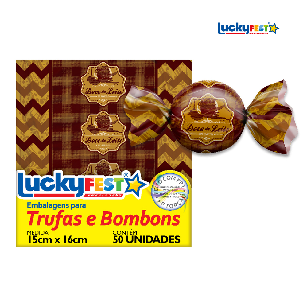 EMBALAGEM P/TRUFA LUCKYFEST SABOR DOCE DE LEITE - PACOTE C/50 UNIDADES