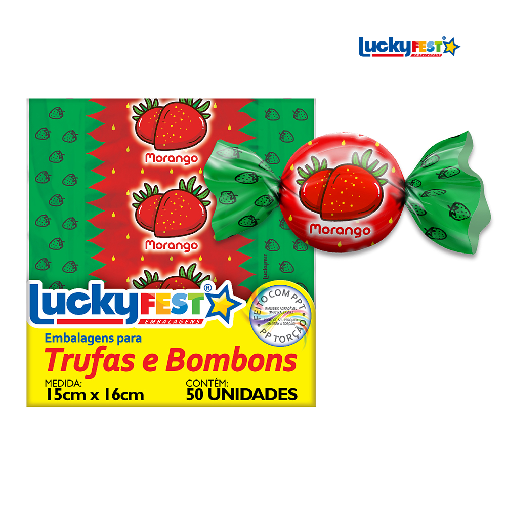 EMBALAGEM P/TRUFA LUCKYFEST SABOR MORANGO - PACOTE C/50 UNIDADES