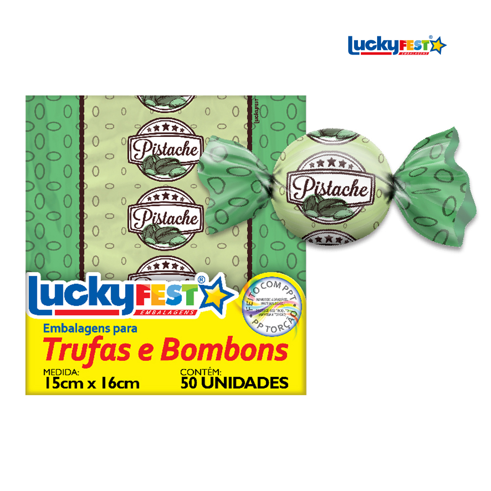 EMBALAGEM P/TRUFA LUCKYFEST SABOR PISTACHE - PACOTE C/50 UNIDADES