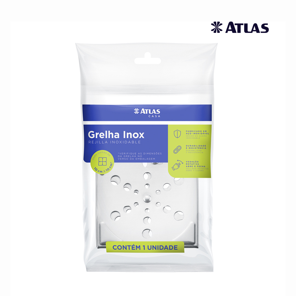GRELHA ATLAS QUADRADA INOX PARA/CAIXA SIF SEM CAIXILHO 10CM
