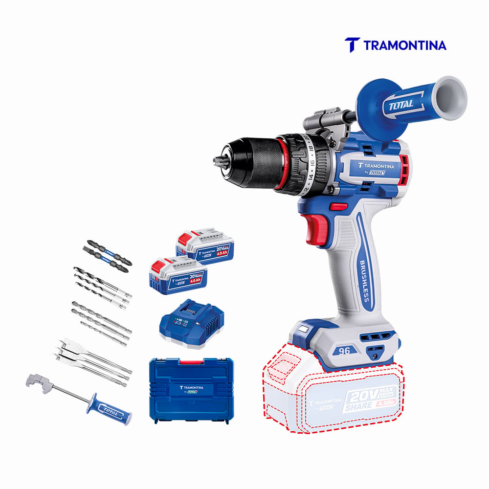 PARAFUSADEIRA/FURADEIRA DE IMPACTO 1/2” (13 MM) 20V 96 N.M BRUSHLESS TRAMONTINA BY TOTAL - COM 2 BATERIAS 20V DE 4,0AH, CARREGADOR E MALETA