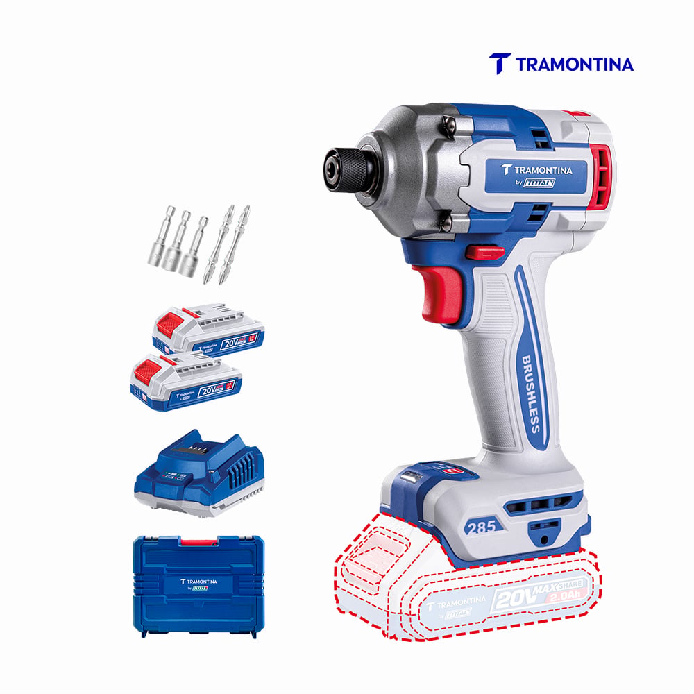 PARAFUSADEIRA DE IMPACTO 1/4” (6,35 MM) 20V 285 N.M BRUSHLESS TRAMONTINA BY TOTAL - COM 2 BATERIAS 20V DE 2,0AH, CARREGADOR E MALETA