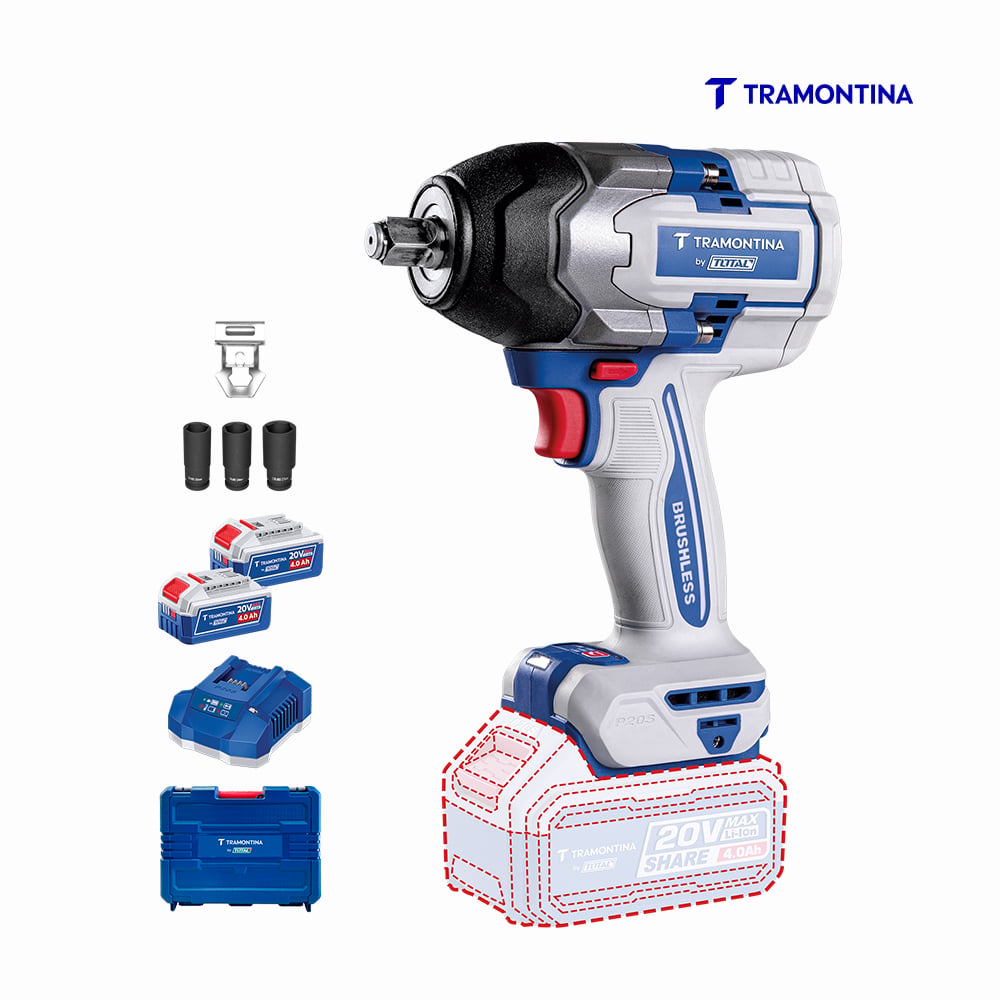 CHAVE DE IMPACTO TRAMONTINA 1/2” 20V 850NM - C/2 BATERIAS DE 4AH E MALETA