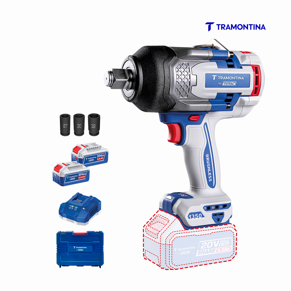 CHAVE DE IMPACTO TRAMONTINA 3/4” (19MM) 20V 1350NM - C/2 BATERIAS DE 5AH E MALETA