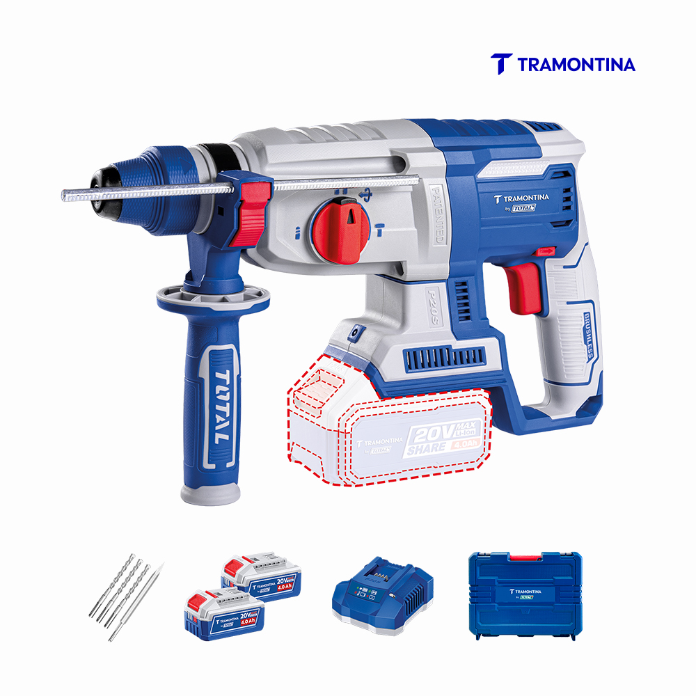 MARTELETE PERFURADOR/ROMPEDOR TRAMONTINA 20V SDS-PLUS 1” (26 MM) BRUSHLESS 20V - COM 2 BATERIAS 20V DE 4,0AH, CARREGADOR E MALETA