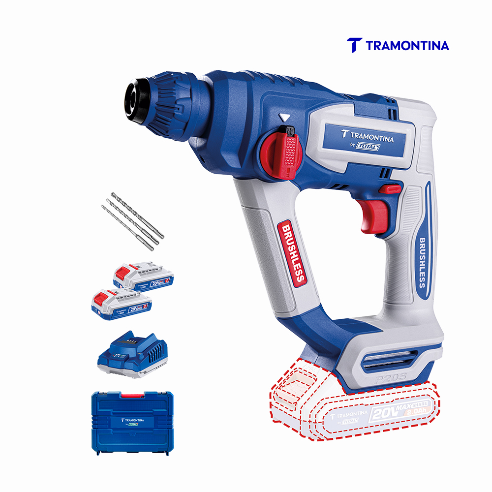 MARTELETE PERFURADOR/ROMPEDOR TRAMONTINA 20V SDS-PLUS 11/16” (18 MM) BRUSHLESS  - COM 2 BATERIAS 20V DE 2,0AH, CARREGADOR E MALETA