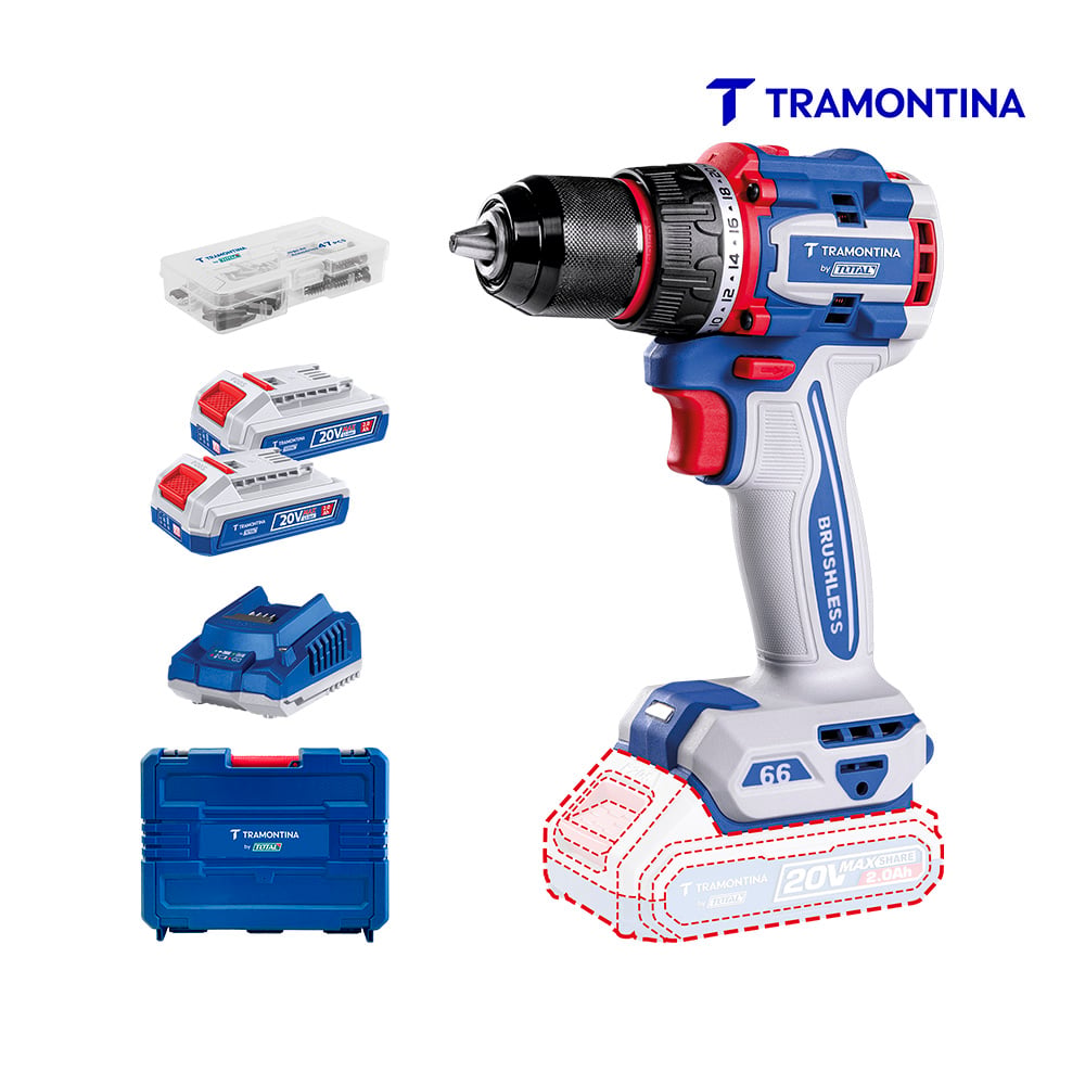 PARAFUSADEIRA/FURADEIRA TRAMONTINA 1/2” (13 MM) 20V 66 N.M BRUSHLESS TRAMONTINA BY TOTAL - COM 2 BATERIAS 20V DE 2,0AH, CARREGADOR E MALETA.