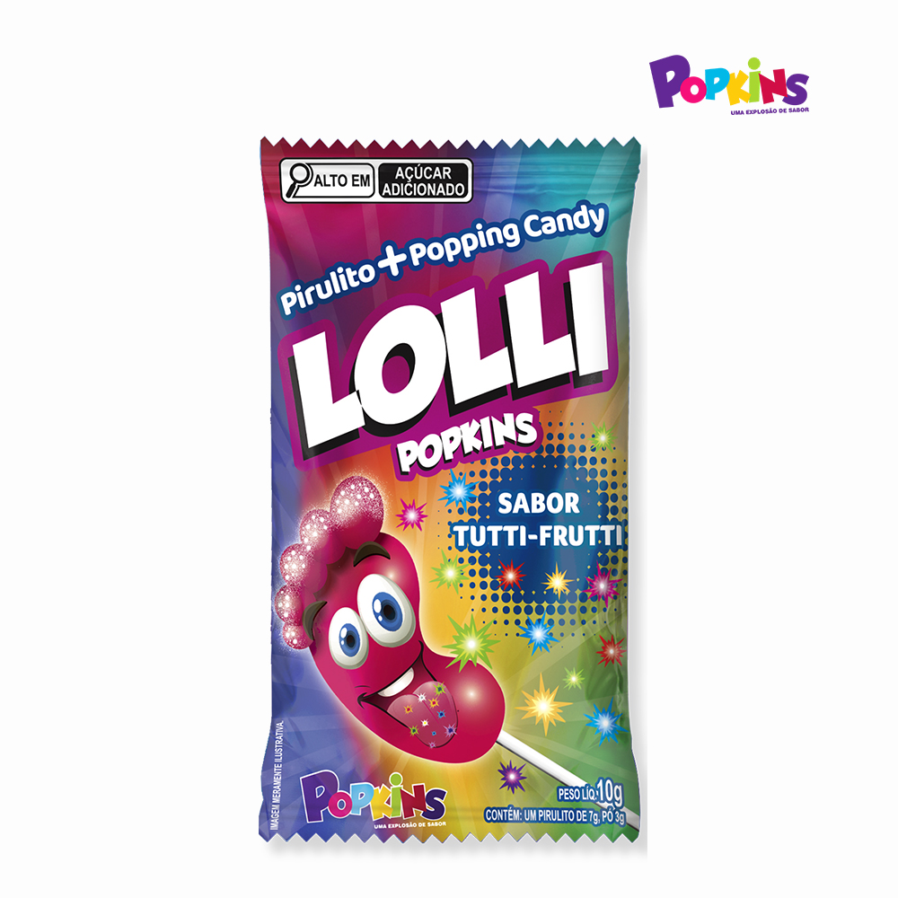 PIRULITO POPKINS LOLLI FORMATO DE PÉ COM PÓ EFERVESCENTE SABOR TUTTI-FRUTTI- DISPLAY C/15 UNIDADES