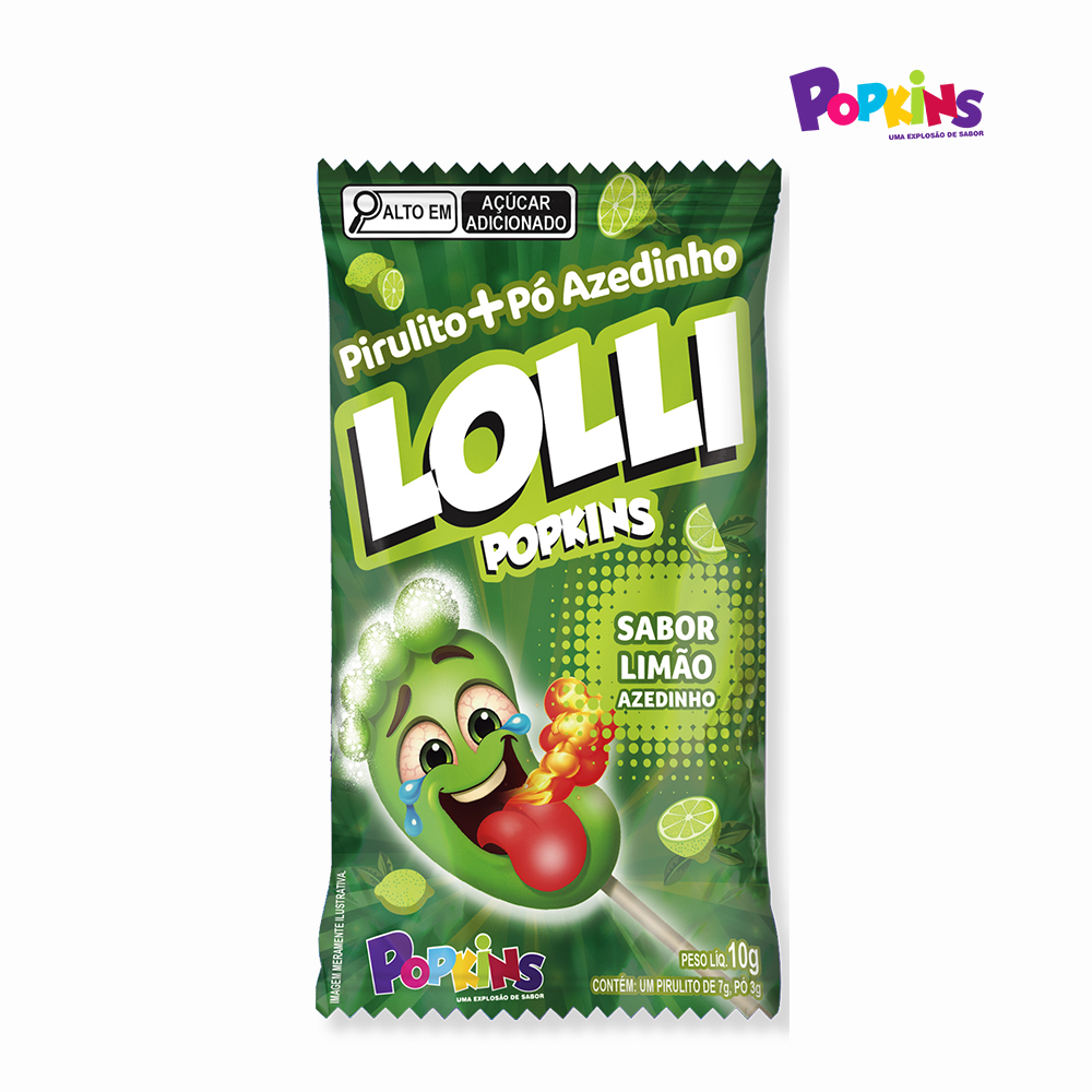 PIRULITO POPKINS LOLLI FORMATO DE PÉ COM PÓ EFERVESCENTE SABOR LIMÃO - DISPLAY C/15 UNIDADES