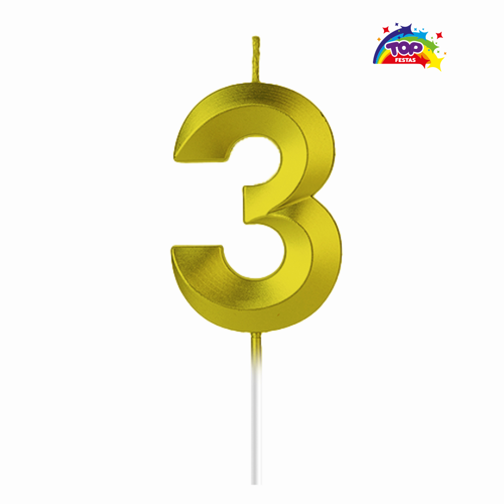 VELA TOPFESTA NUMERAL METALIZADA N-3 OURO - COM 01 UNIDADE