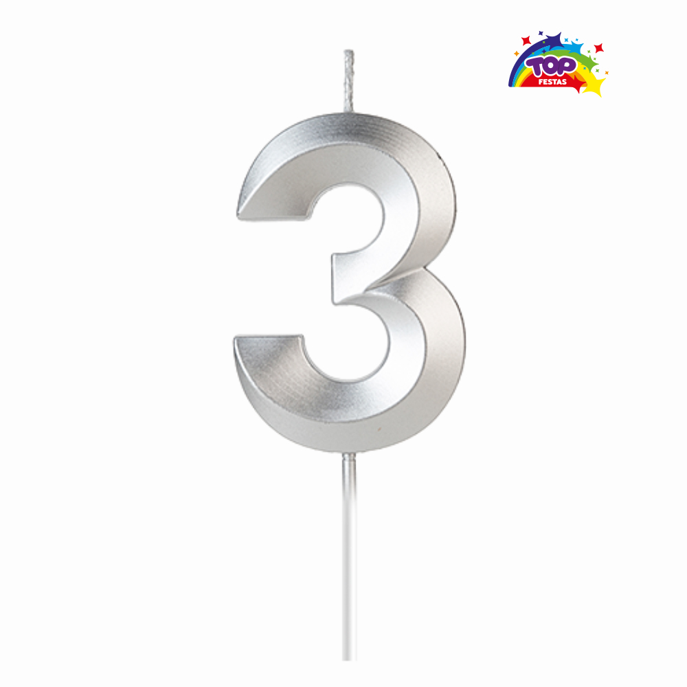 VELA TOPFESTA NUMERAL METALIZADA N-3 PRATA - COM 01 UNIDADE
