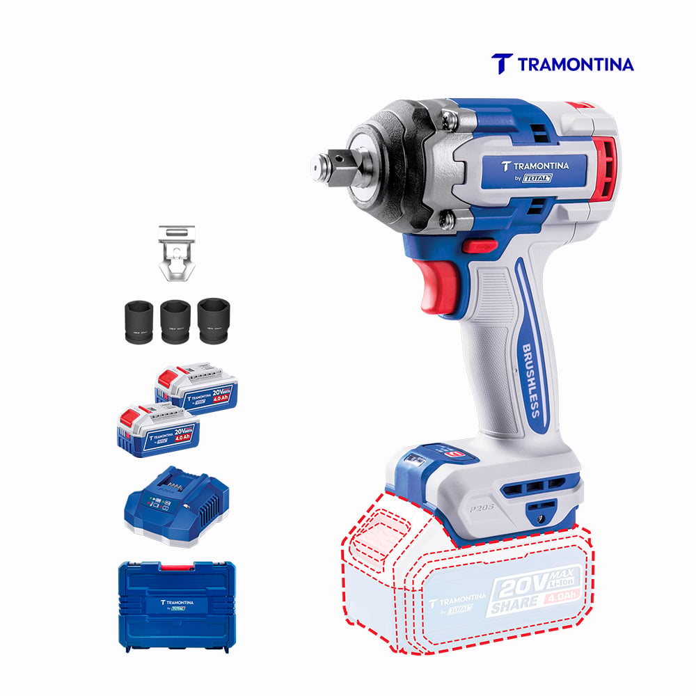 CHAVE DE IMPACTO TRAMONTINA 1/2” 20V 500NM - C/2 BATERIAS DE 4AH E MALETA