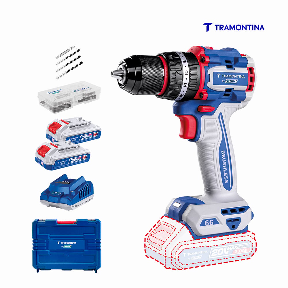 PARAFUSADEIRA DE IMPACTO 1/2” (13MM) 20V 66N.M BRUSHLESS TRAMONTINA BY TOTAL - COM 2 BATERIAS 20V DE 2,0AH, CARREGADOR E MALETA