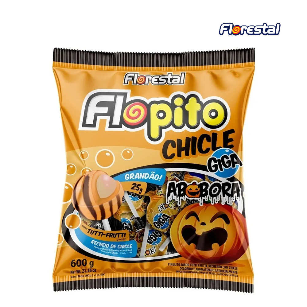 PIRULITO FLORESTAL FLOPITO CHICLETE GIGA ABOBORA TUTTI-FRUTTI 600G